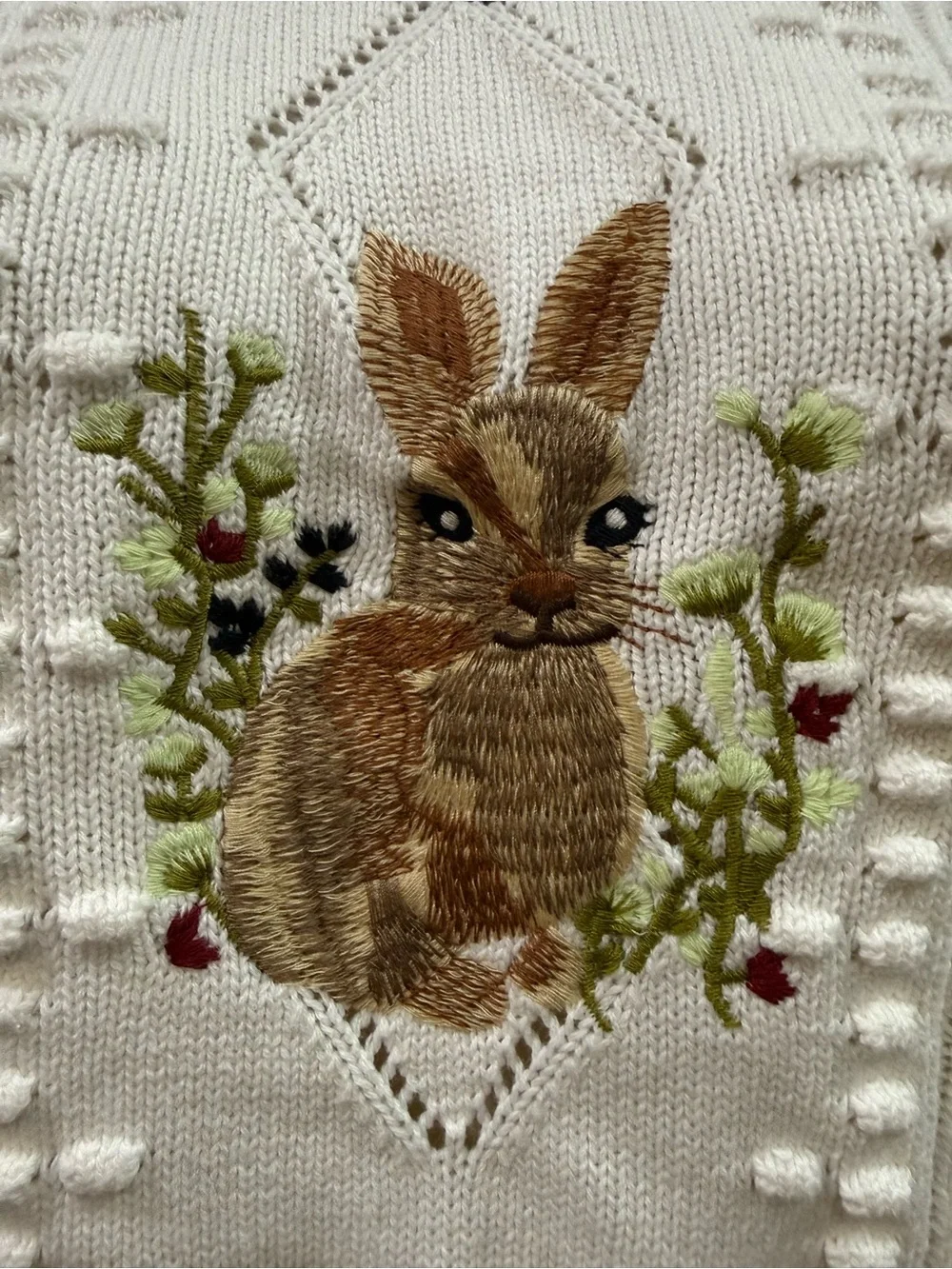 NWOT Cider Cream Cable-Knit Bunny Embroidered Short Sleeve Sweater - Size 1XL